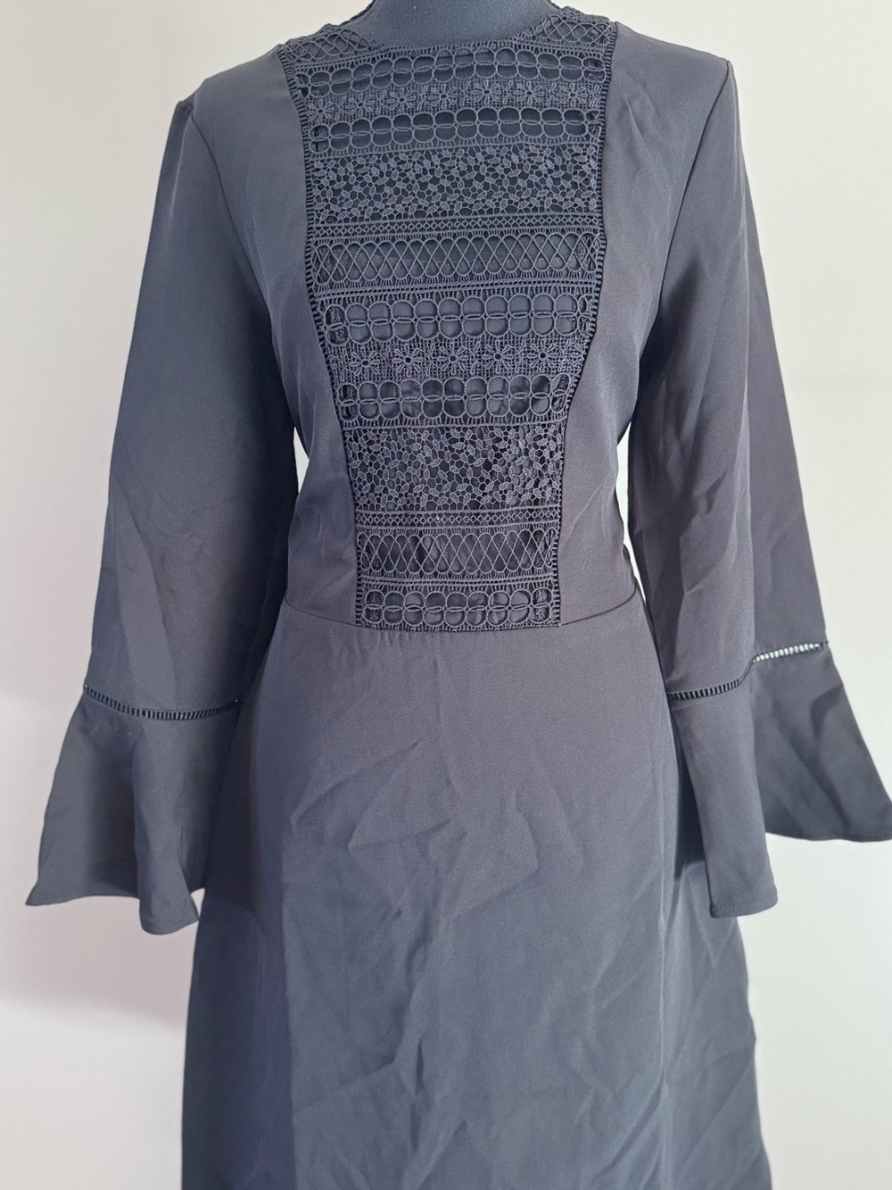 A.B.S Collection Lace-Panel Long Bell Sleeve Dress in Black